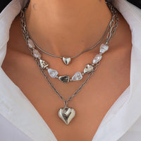 Thumbnail for Elegant 3pcs Gold Silver Plated Heart Pendant Pearl Necklace Set - ArtGalleryZen