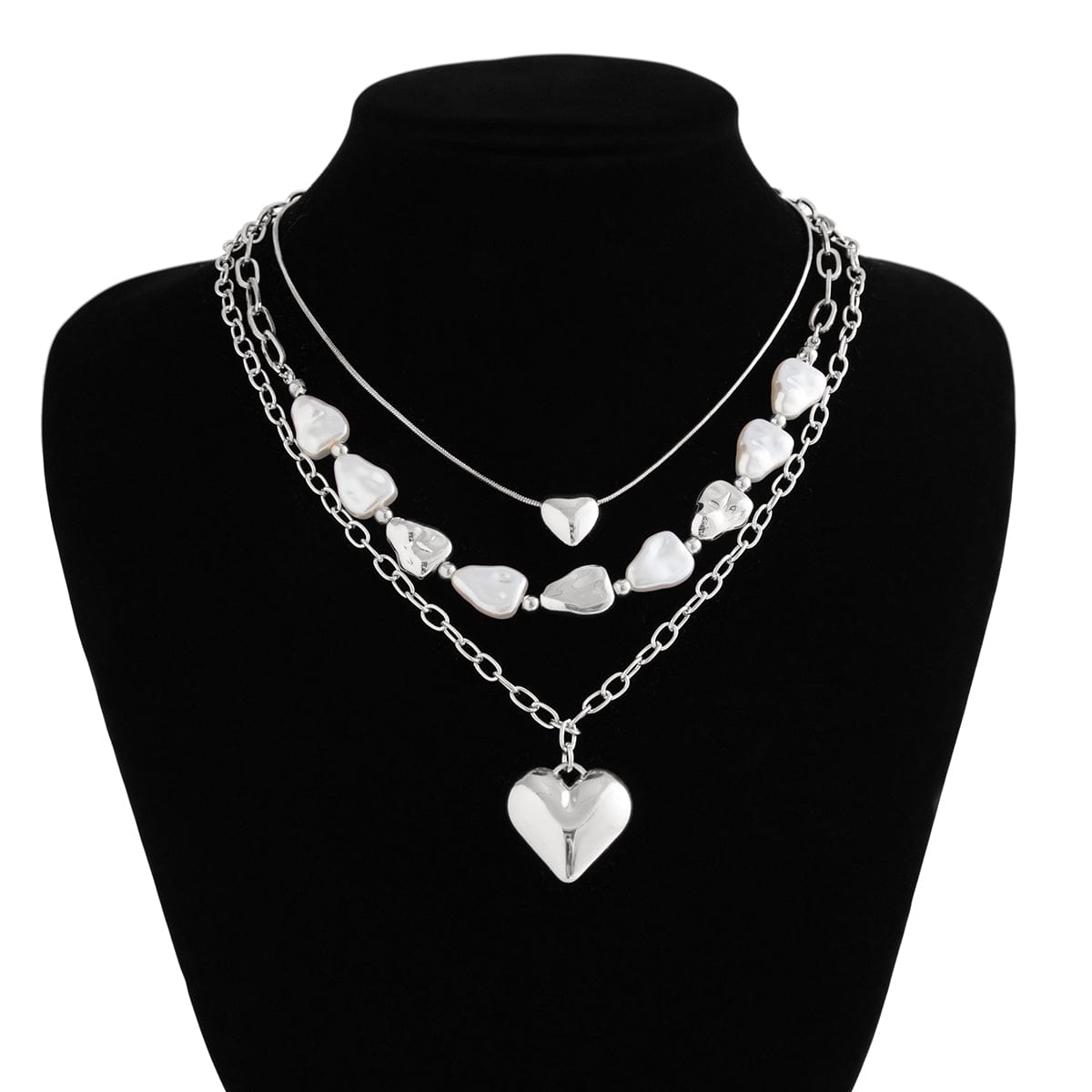 Elegant 3pcs Gold Silver Plated Heart Pendant Pearl Necklace Set - ArtGalleryZen