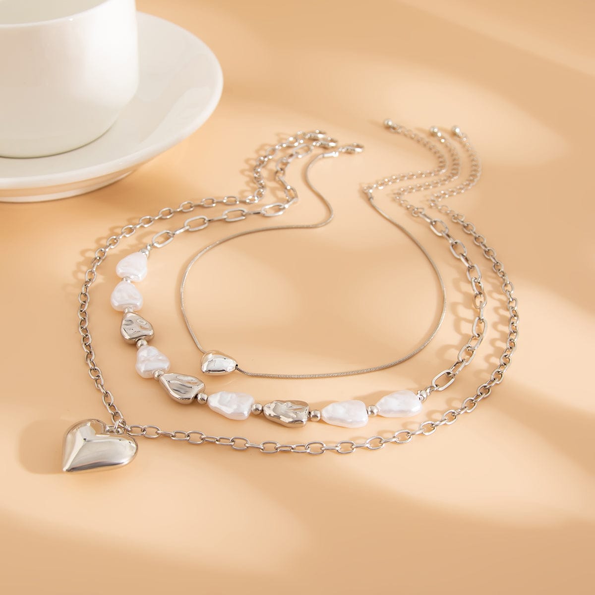Elegant 3pcs Gold Silver Plated Heart Pendant Pearl Necklace Set - ArtGalleryZen