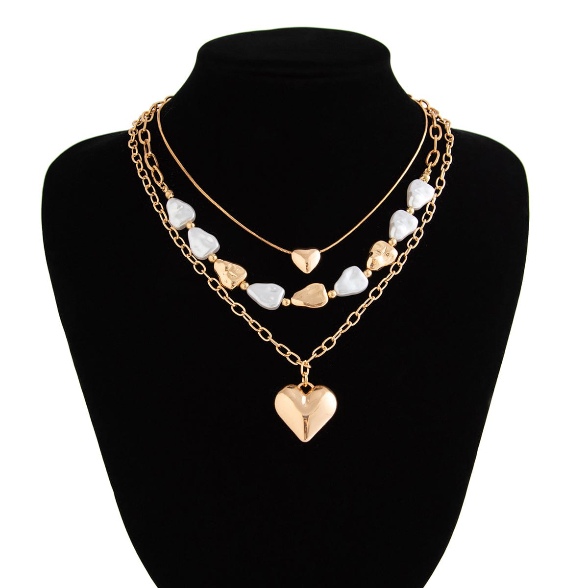 Elegant 3pcs Gold Silver Plated Heart Pendant Pearl Necklace Set - ArtGalleryZen