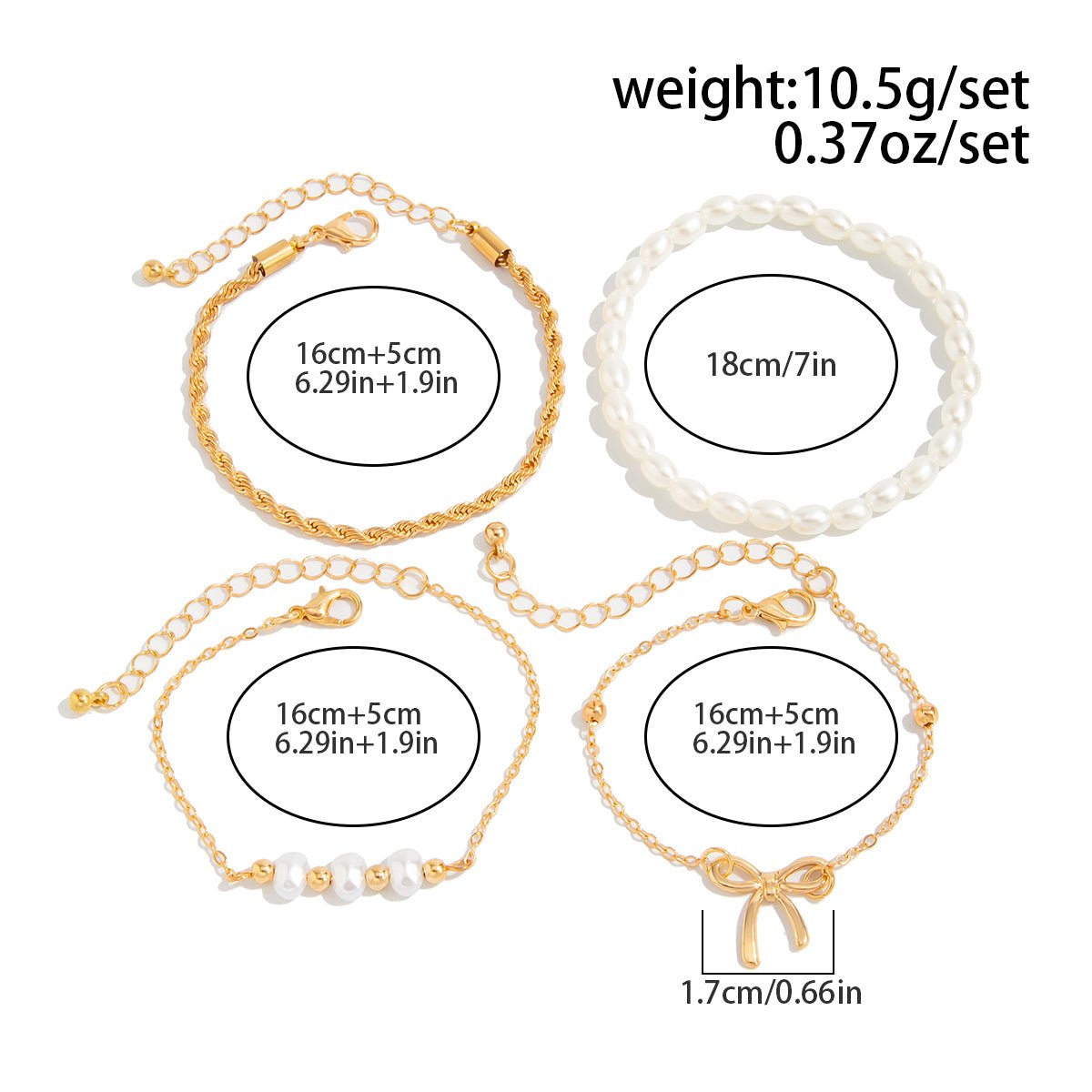 Elegant 4pcs Bowknot Charm Pearl Rope Chain Bracelet Set - ArtGalleryZen