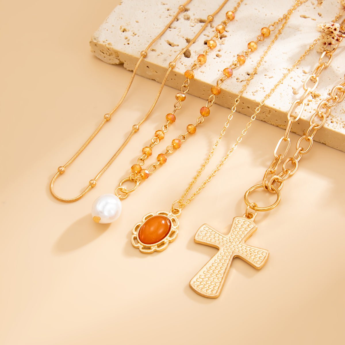 Elegant 4pcs Cross Flower Pearl Pendant Crystal Chain Necklace Set - ArtGalleryZen