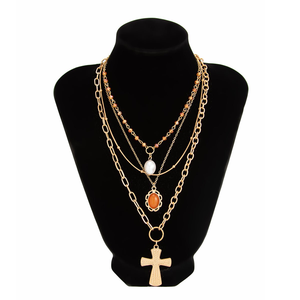 Elegant 4pcs Cross Flower Pearl Pendant Crystal Chain Necklace Set - ArtGalleryZen