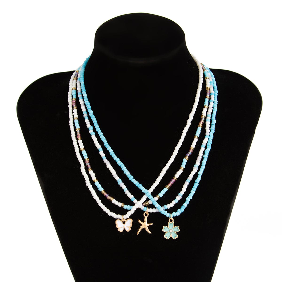 Elegant 4pcs Enamel Butterfly Flower Starfish Pendant Seed Beaded Necklace Set - ArtGalleryZen