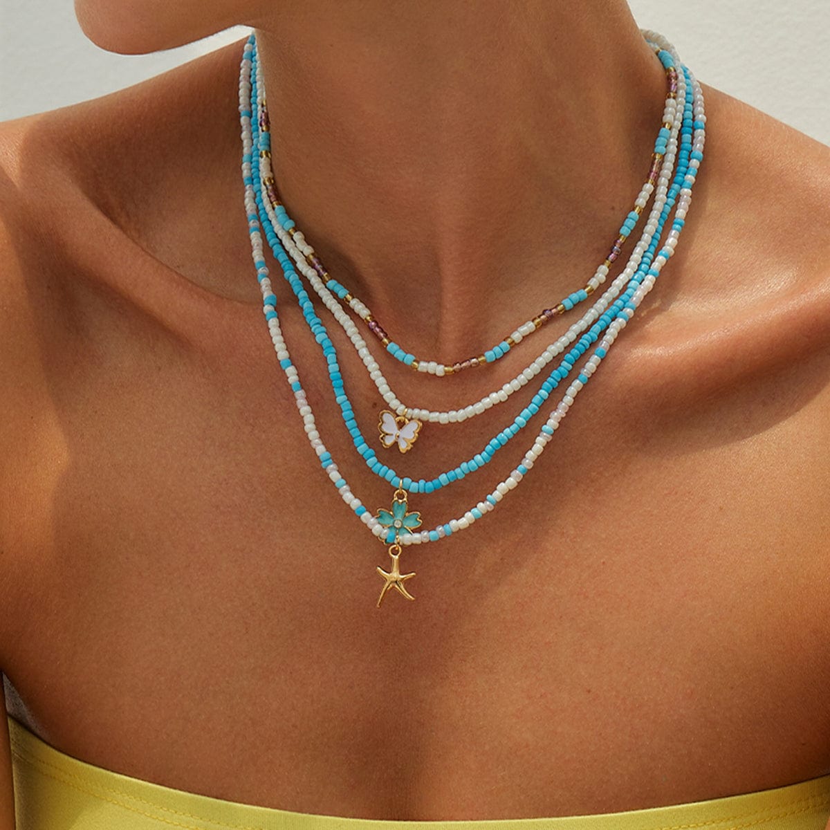 Elegant 4pcs Enamel Butterfly Flower Starfish Pendant Seed Beaded Necklace Set - ArtGalleryZen
