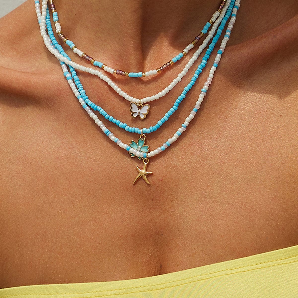 Elegant 4pcs Enamel Butterfly Flower Starfish Pendant Seed Beaded Necklace Set - ArtGalleryZen