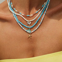 Thumbnail for Elegant 4pcs Enamel Butterfly Flower Starfish Pendant Seed Beaded Necklace Set - ArtGalleryZen