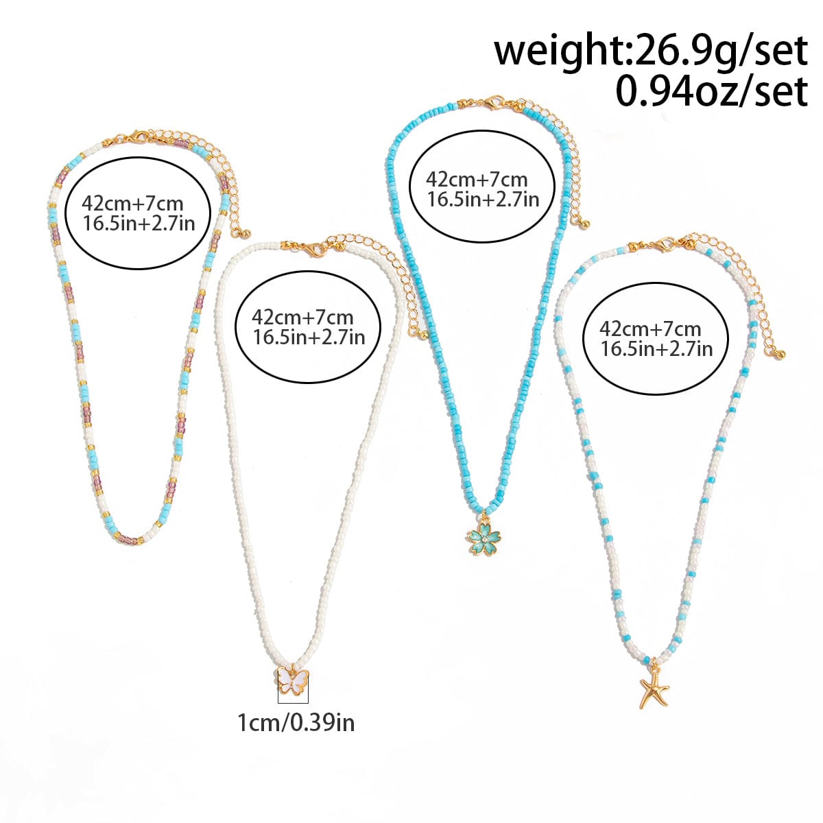 Elegant 4pcs Enamel Butterfly Flower Starfish Pendant Seed Beaded Necklace Set - ArtGalleryZen