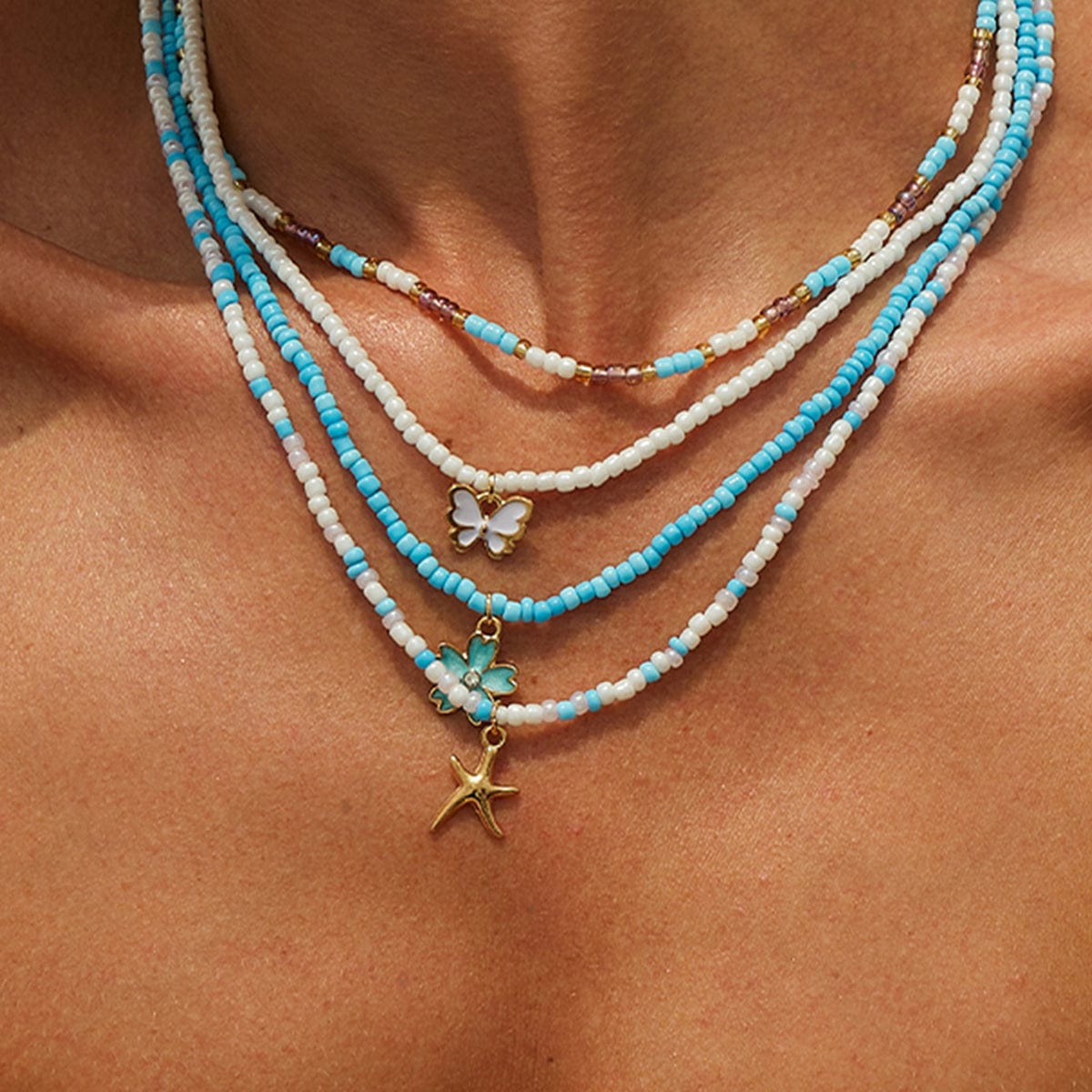 Elegant 4pcs Enamel Butterfly Flower Starfish Pendant Seed Beaded Necklace Set - ArtGalleryZen