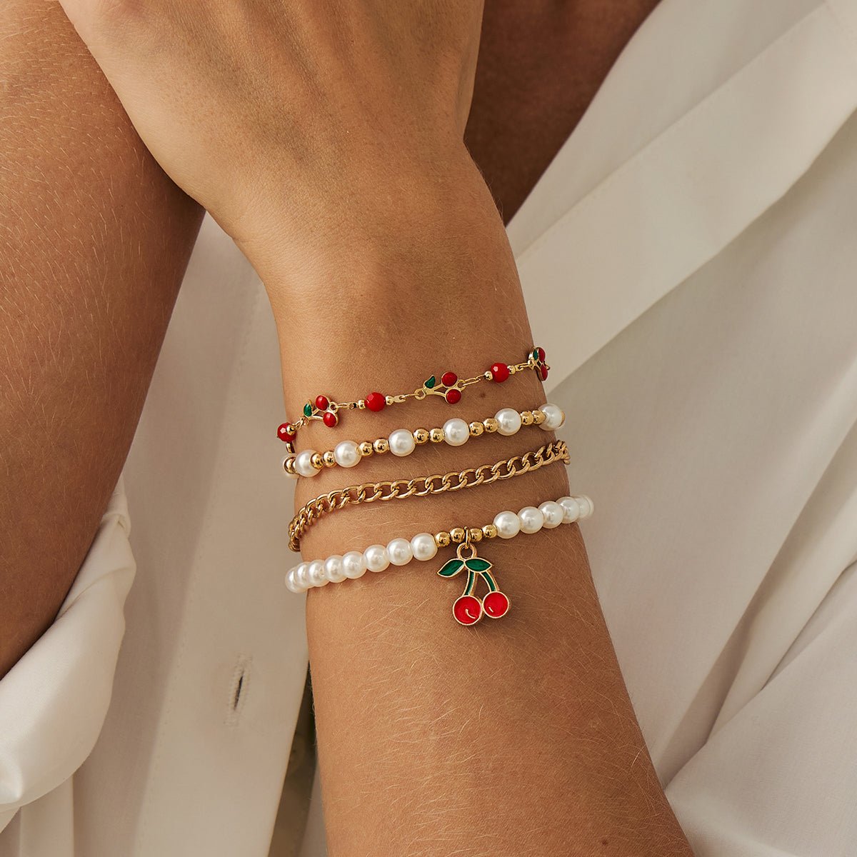 Elegant 4pcs Enamel Cherry Pearl Chain Bracelet Set - ArtGalleryZen