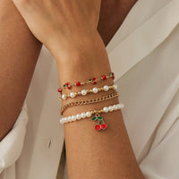 Thumbnail for Elegant 4pcs Enamel Cherry Pearl Chain Bracelet Set - ArtGalleryZen