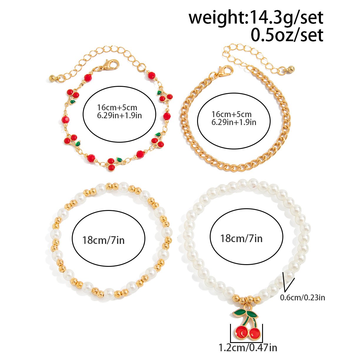 Elegant 4pcs Enamel Cherry Pearl Chain Bracelet Set - ArtGalleryZen