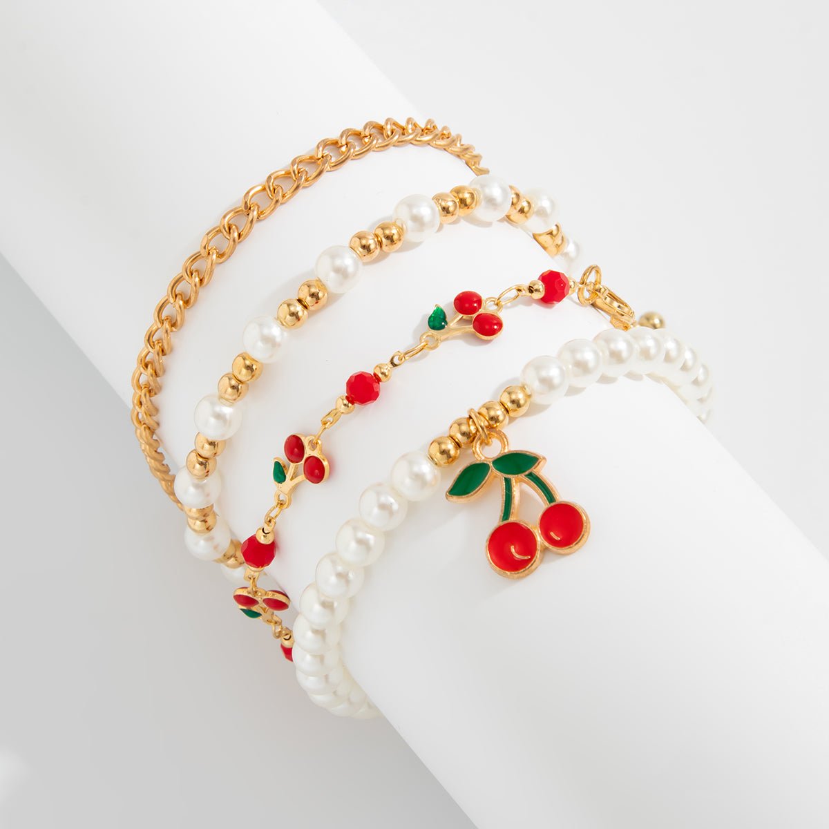 Elegant 4pcs Enamel Cherry Pearl Chain Bracelet Set - ArtGalleryZen