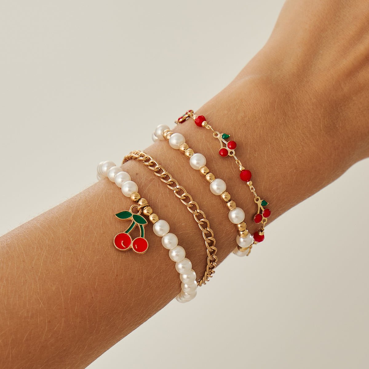 Elegant 4pcs Enamel Cherry Pearl Chain Bracelet Set - ArtGalleryZen
