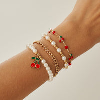 Thumbnail for Elegant 4pcs Enamel Cherry Pearl Chain Bracelet Set - ArtGalleryZen