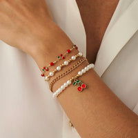 Thumbnail for Elegant 4pcs Enamel Cherry Pearl Chain Bracelet Set - ArtGalleryZen
