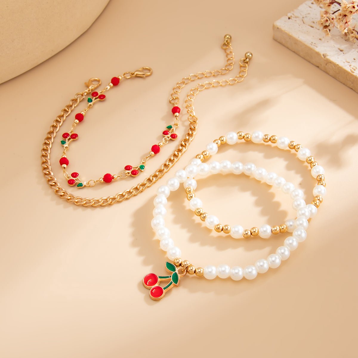 Elegant 4pcs Enamel Cherry Pearl Chain Bracelet Set - ArtGalleryZen