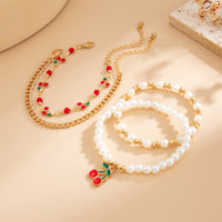 Thumbnail for Elegant 4pcs Enamel Cherry Pearl Chain Bracelet Set - ArtGalleryZen