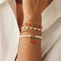 Thumbnail for Elegant 4pcs Enamel Cherry Pearl Chain Bracelet Set - ArtGalleryZen