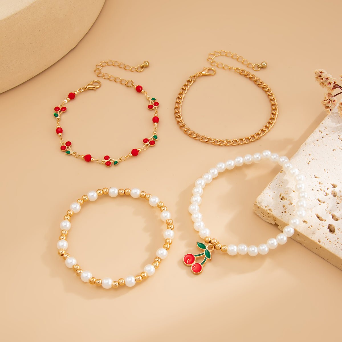 Elegant 4pcs Enamel Cherry Pearl Chain Bracelet Set - ArtGalleryZen