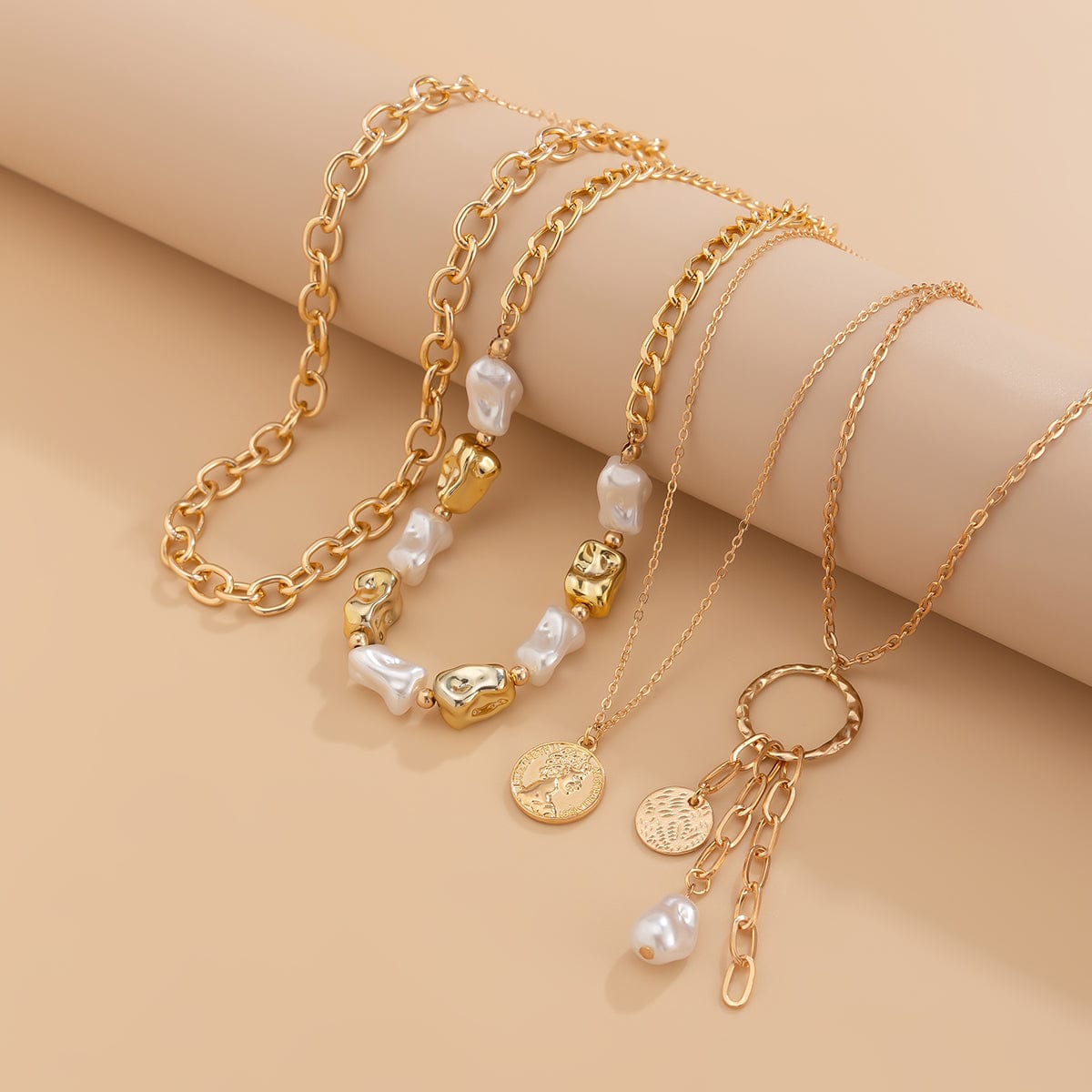 Elegant 4pcs Irregular Pearl Round Disk Tassel Cable Chain Necklace Set - ArtGalleryZen