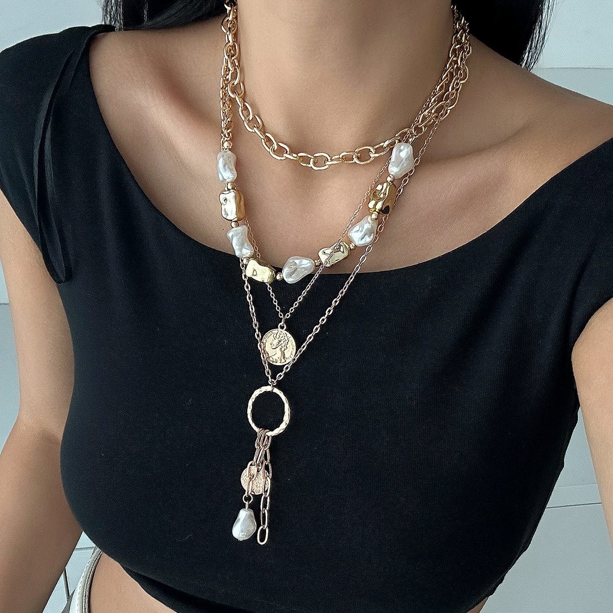 Elegant 4pcs Irregular Pearl Round Disk Tassel Cable Chain Necklace Set - ArtGalleryZen