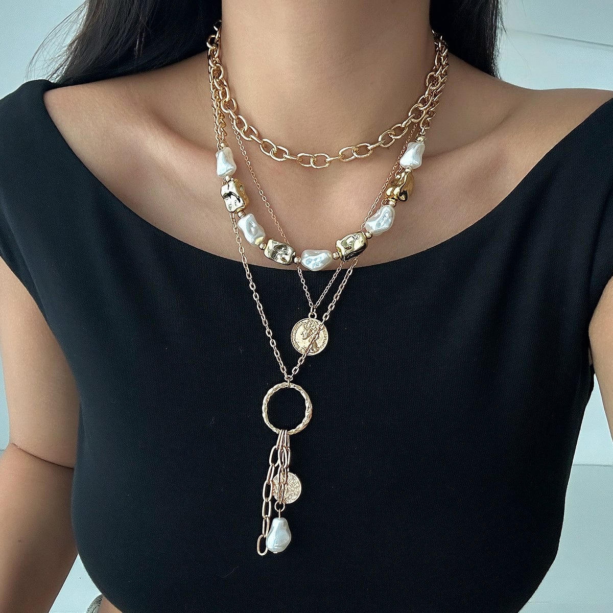 Elegant 4pcs Irregular Pearl Round Disk Tassel Cable Chain Necklace Set