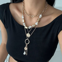 Thumbnail for Elegant 4pcs Irregular Pearl Round Disk Tassel Cable Chain Necklace Set