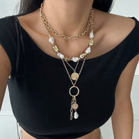 Thumbnail for Elegant 4pcs Irregular Pearl Round Disk Tassel Cable Chain Necklace Set