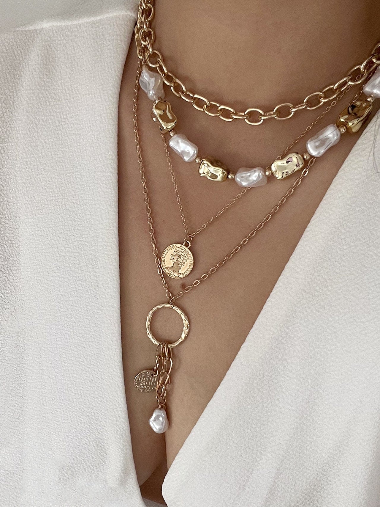 Elegant 4pcs Irregular Pearl Round Disk Tassel Cable Chain Necklace Set