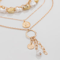 Thumbnail for Elegant 4pcs Irregular Pearl Round Disk Tassel Cable Chain Necklace Set