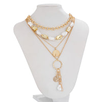 Thumbnail for Elegant 4pcs Irregular Pearl Round Disk Tassel Cable Chain Necklace Set