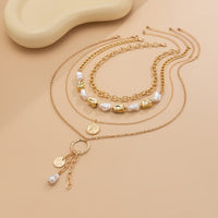 Thumbnail for Elegant 4pcs Irregular Pearl Round Disk Tassel Cable Chain Necklace Set