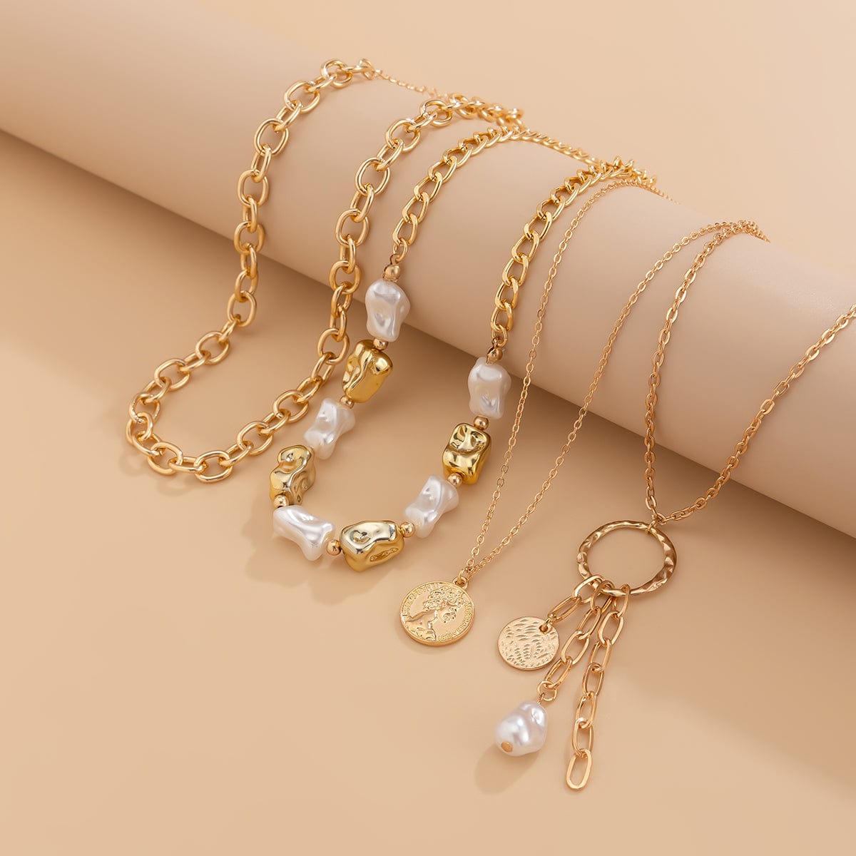 Elegant 4pcs Irregular Pearl Round Disk Tassel Cable Chain Necklace Set