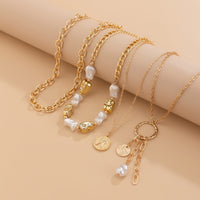 Thumbnail for Elegant 4pcs Irregular Pearl Round Disk Tassel Cable Chain Necklace Set