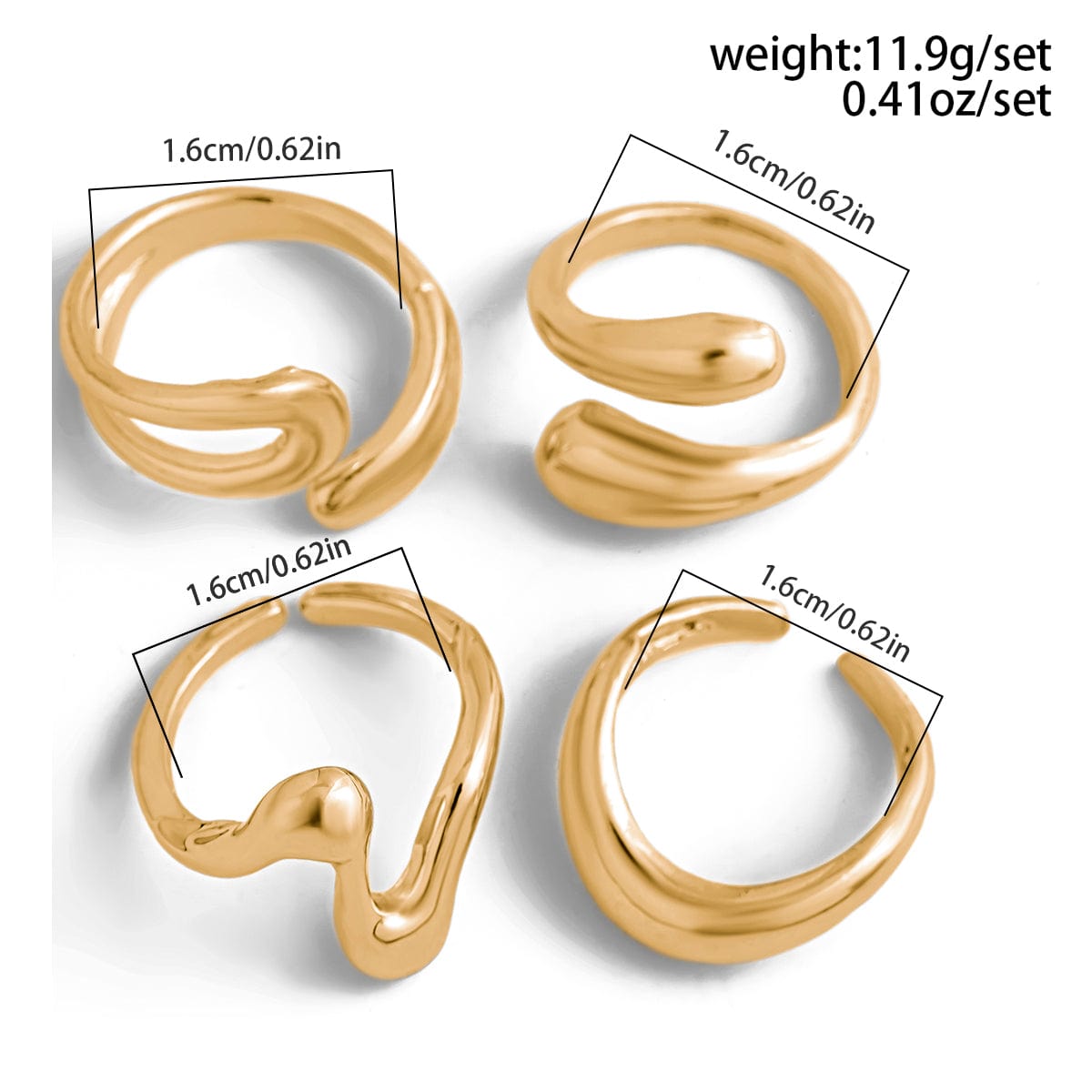 Elegant 4Pcs Metallic Waterdrop Open Ring Set