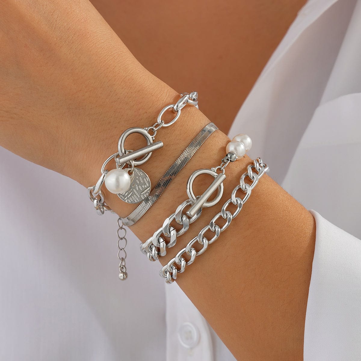 Elegant 4pcs Toggle Clasp Round Disk Charm Pearl Cable Chain Bracelet Set