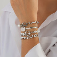 Thumbnail for Elegant 4pcs Toggle Clasp Round Disk Charm Pearl Cable Chain Bracelet Set