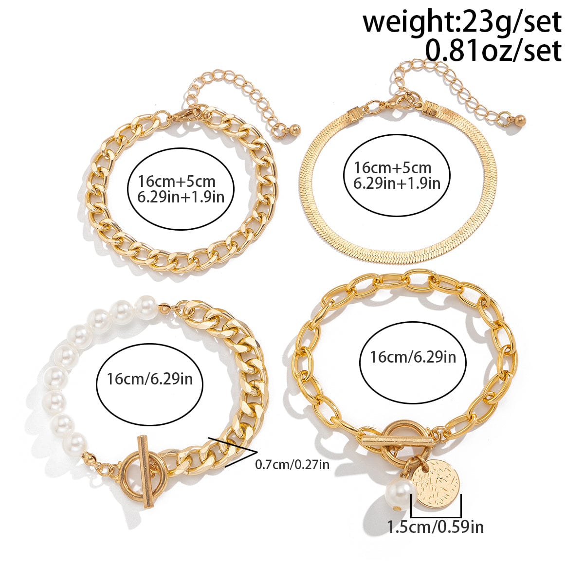 Elegant 4pcs Toggle Clasp Round Disk Charm Pearl Cable Chain Bracelet Set