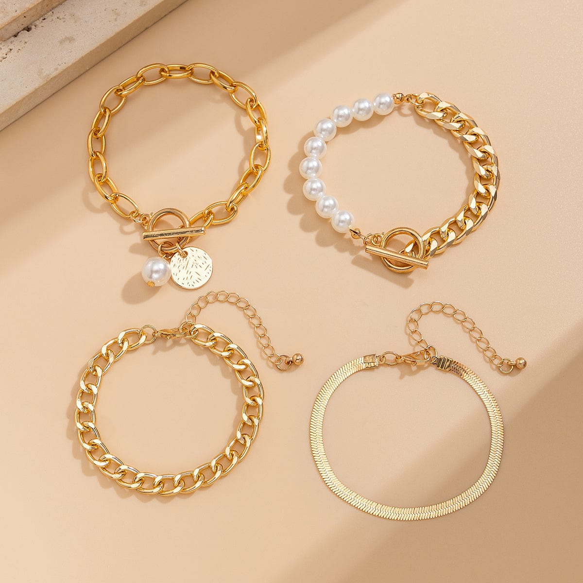 Elegant 4pcs Toggle Clasp Round Disk Charm Pearl Cable Chain Bracelet Set