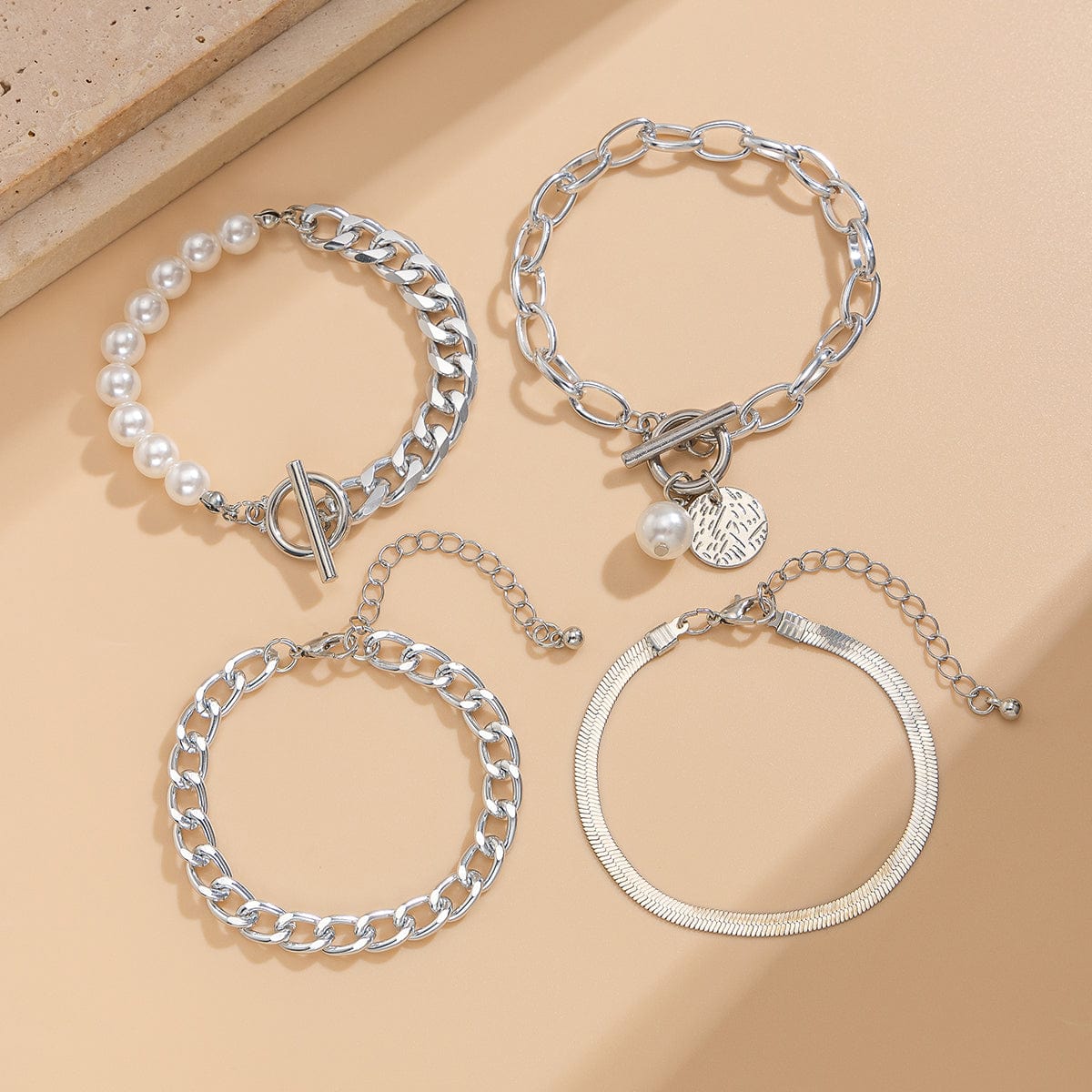 Elegant 4pcs Toggle Clasp Round Disk Charm Pearl Cable Chain Bracelet Set