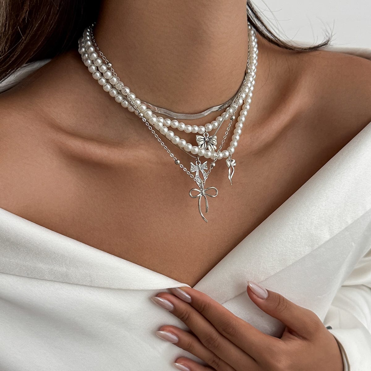 Elegant 5pcs Bowknot Pendant Pearl Herringbone Chain Necklace Set - ArtGalleryZen