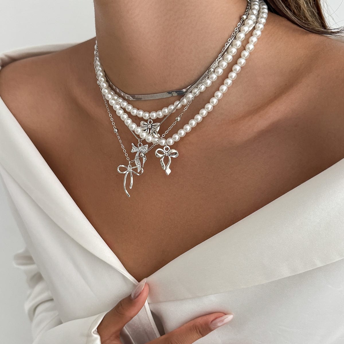 Elegant 5pcs Bowknot Pendant Pearl Herringbone Chain Necklace Set - ArtGalleryZen