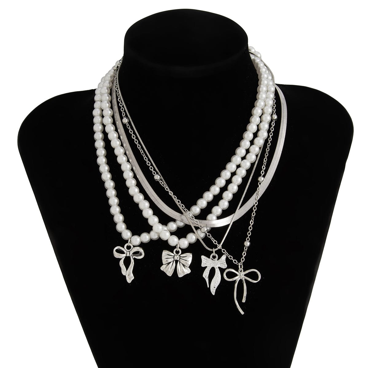 Elegant 5pcs Bowknot Pendant Pearl Herringbone Chain Necklace Set - ArtGalleryZen