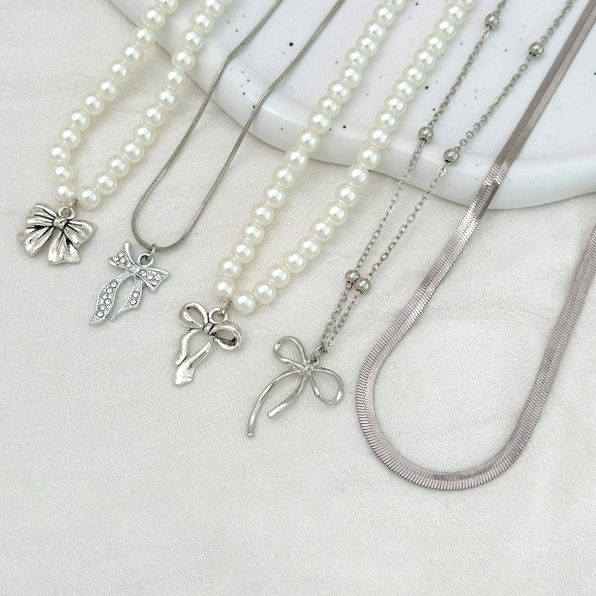 Elegant 5pcs Bowknot Pendant Pearl Herringbone Chain Necklace Set - ArtGalleryZen