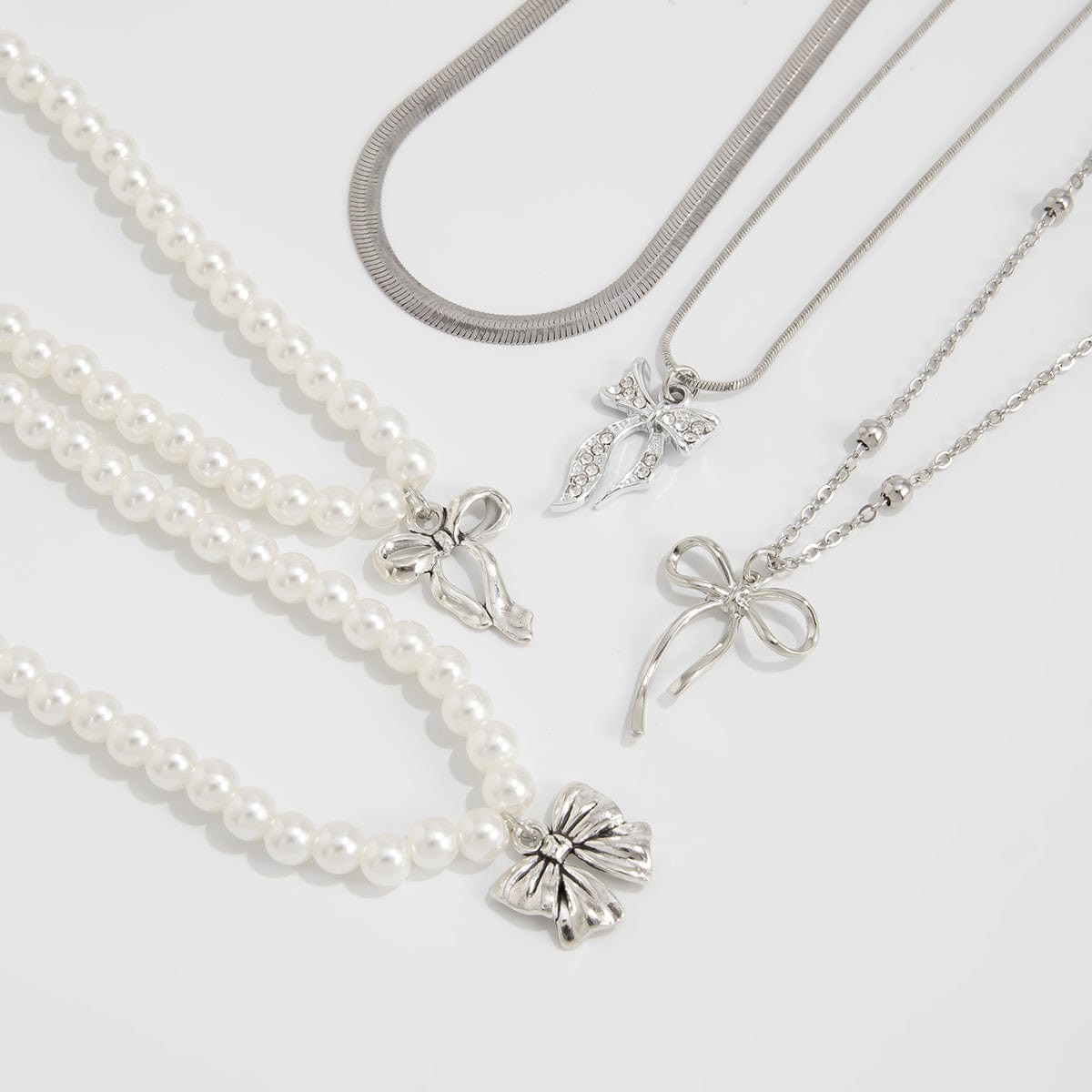 Elegant 5pcs Bowknot Pendant Pearl Herringbone Chain Necklace Set - ArtGalleryZen