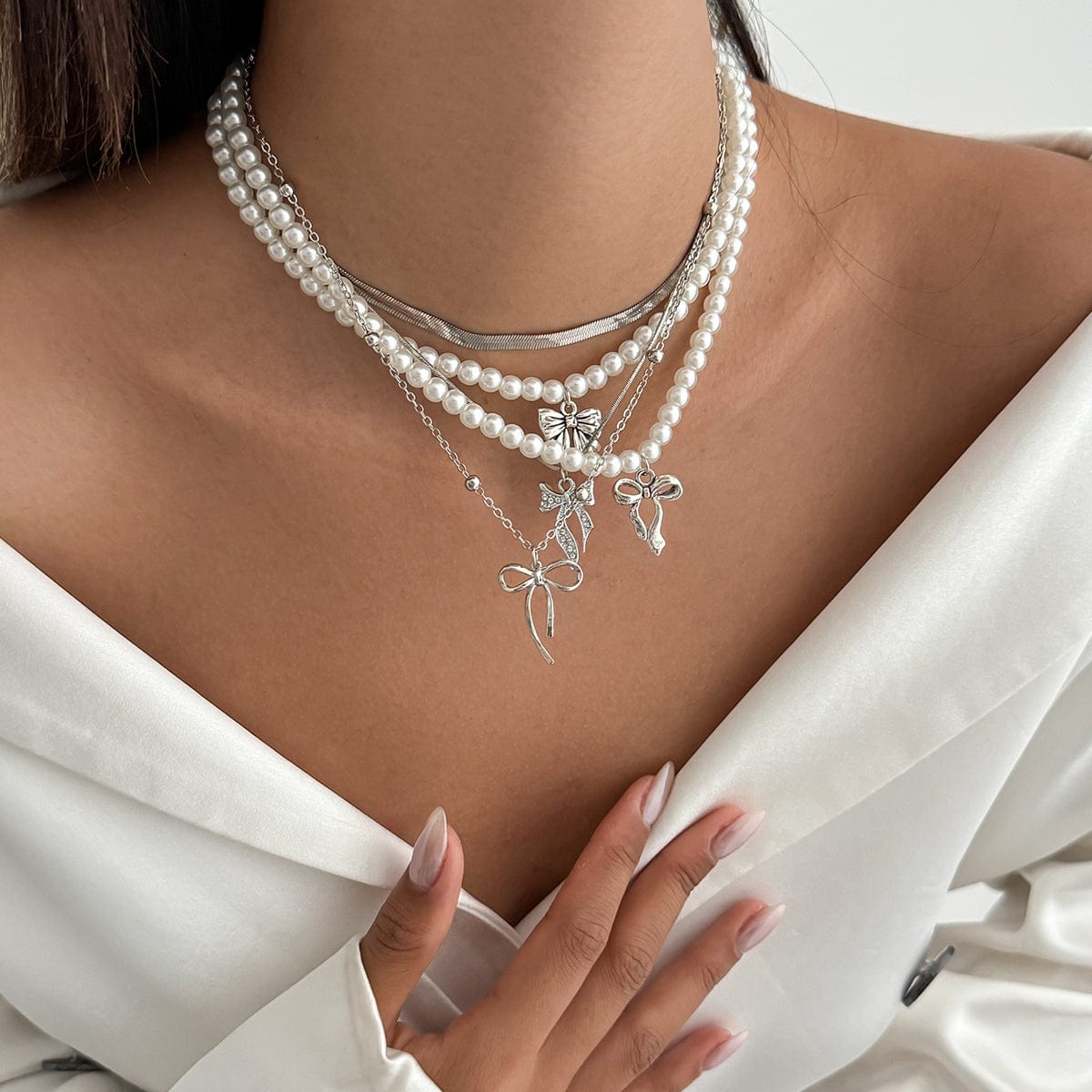 Elegant 5pcs Bowknot Pendant Pearl Herringbone Chain Necklace Set - ArtGalleryZen