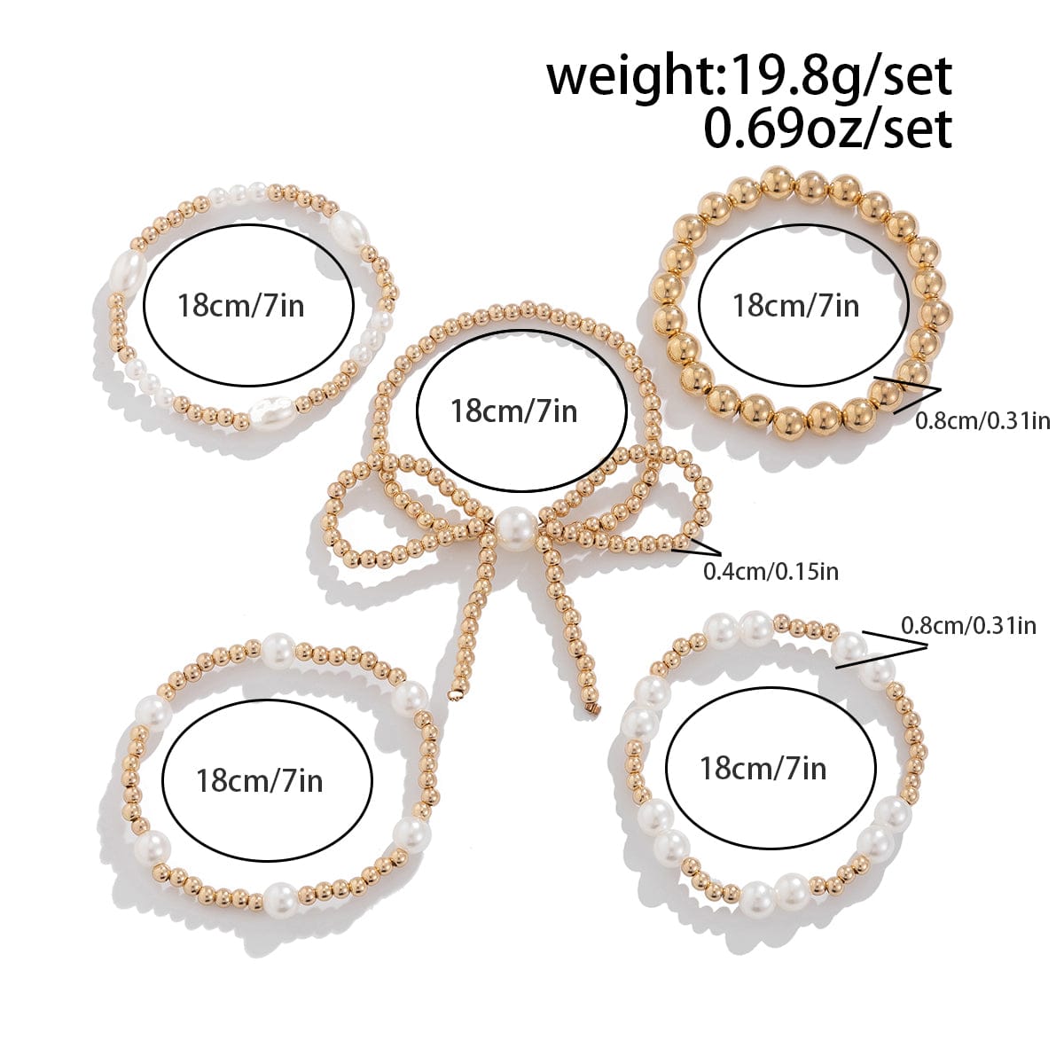 Elegant 5pcs Gold Plated Bowknot Pearl Chain Bracelet Set - ArtGalleryZen