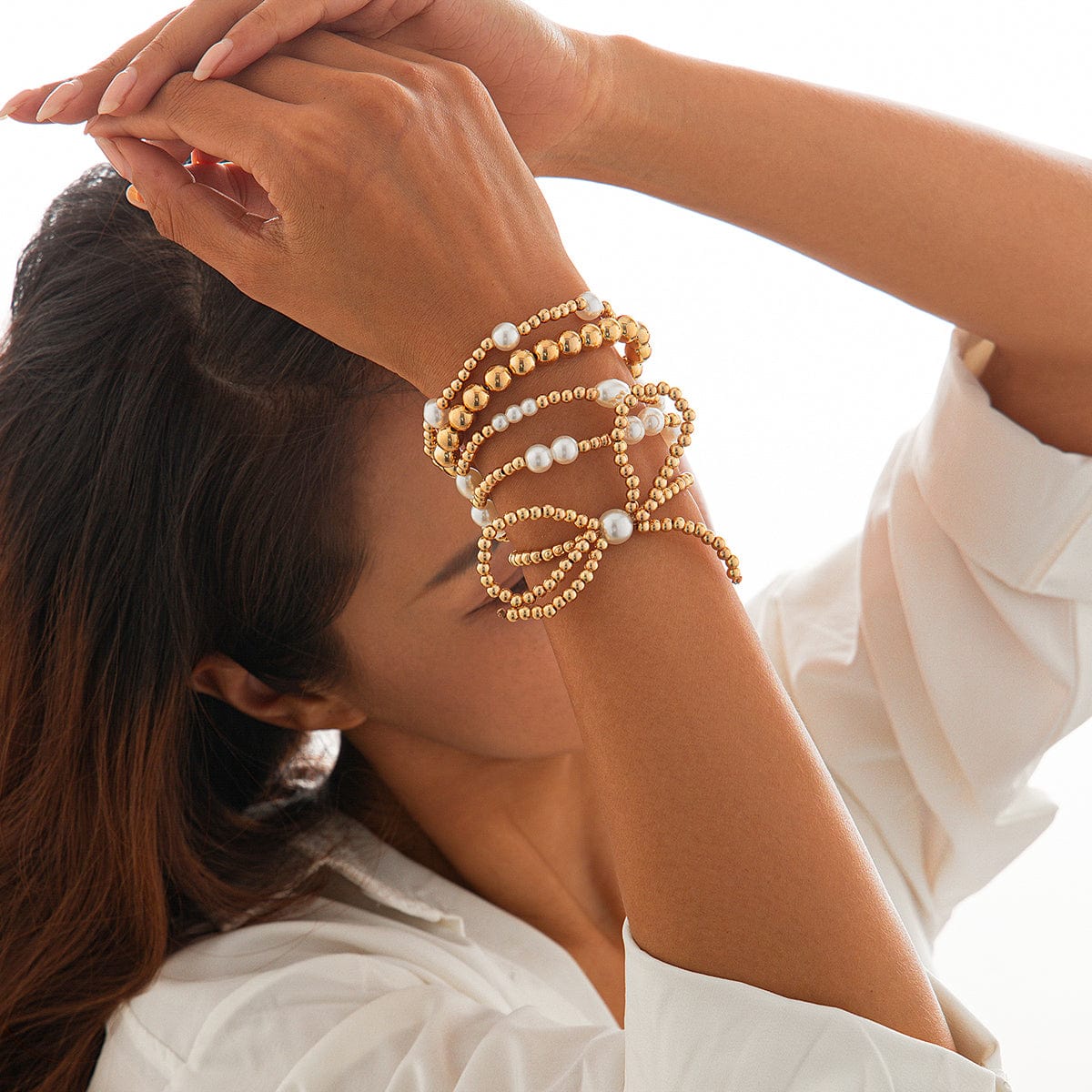 Elegant 5pcs Gold Plated Bowknot Pearl Chain Bracelet Set - ArtGalleryZen