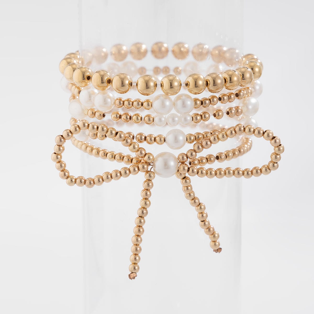 Elegant 5pcs Gold Plated Bowknot Pearl Chain Bracelet Set